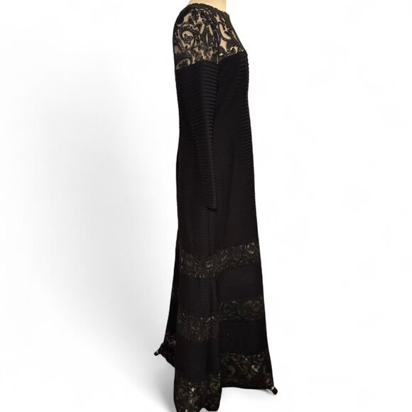 Tadashi Shoji XL Black Lace Corded Embroidery Tulle Pintuck Jersey Boatneck Long - Picture 6 of 8